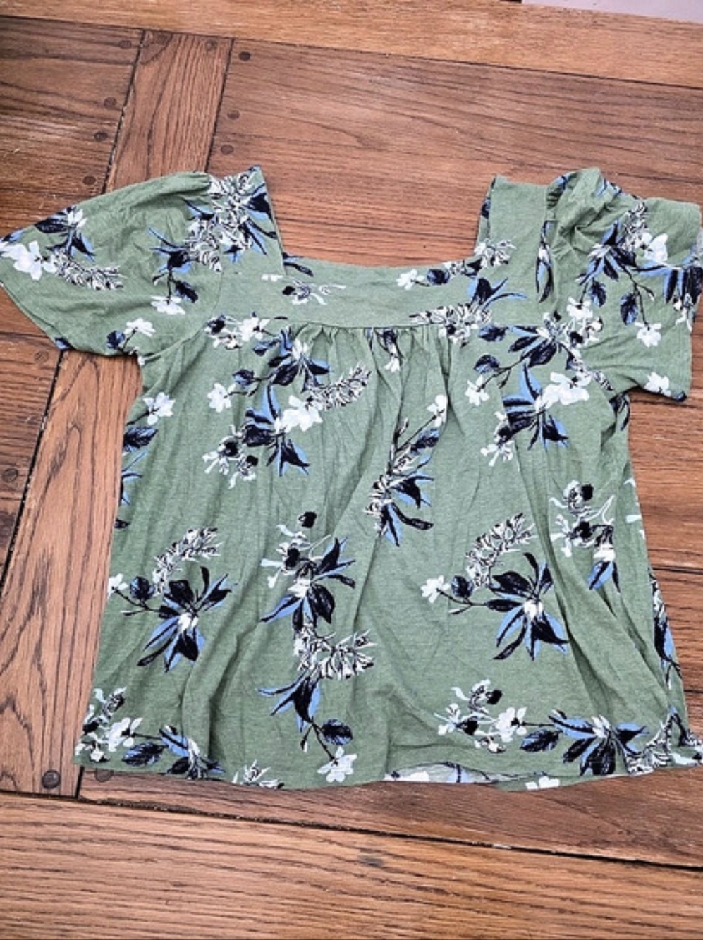 Lucky Brand Ditsy Floral Square Neck Peasant Top Green & Blue XL